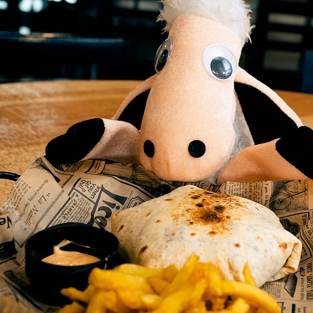 Hamburguesería Crónicass burrito de peluche frente a quesadilla